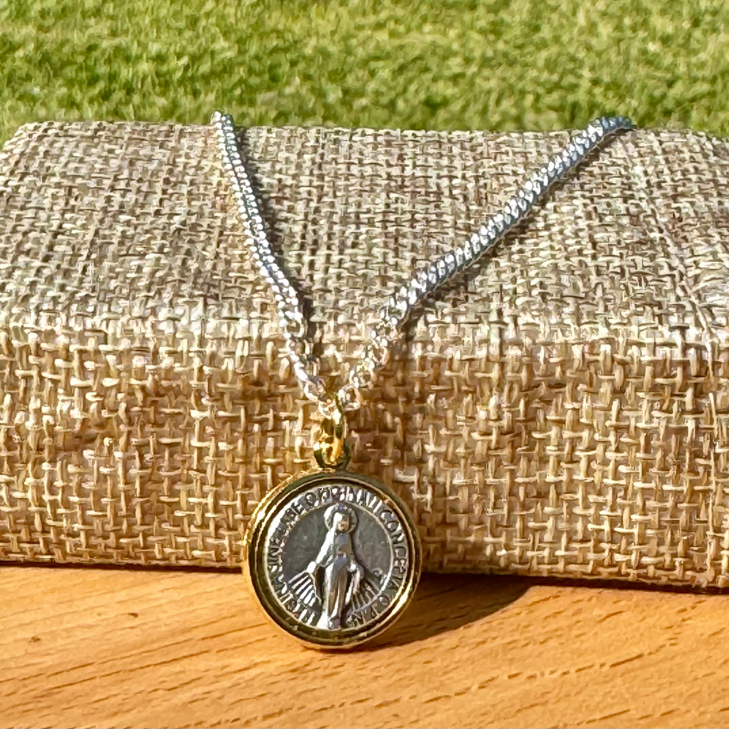 Miraculous Medal Necklace. Minimalist, Two-Toned Dainty Religious Pendant Made in Italy. Keepsake gift for confirmation, baptism, prayer.