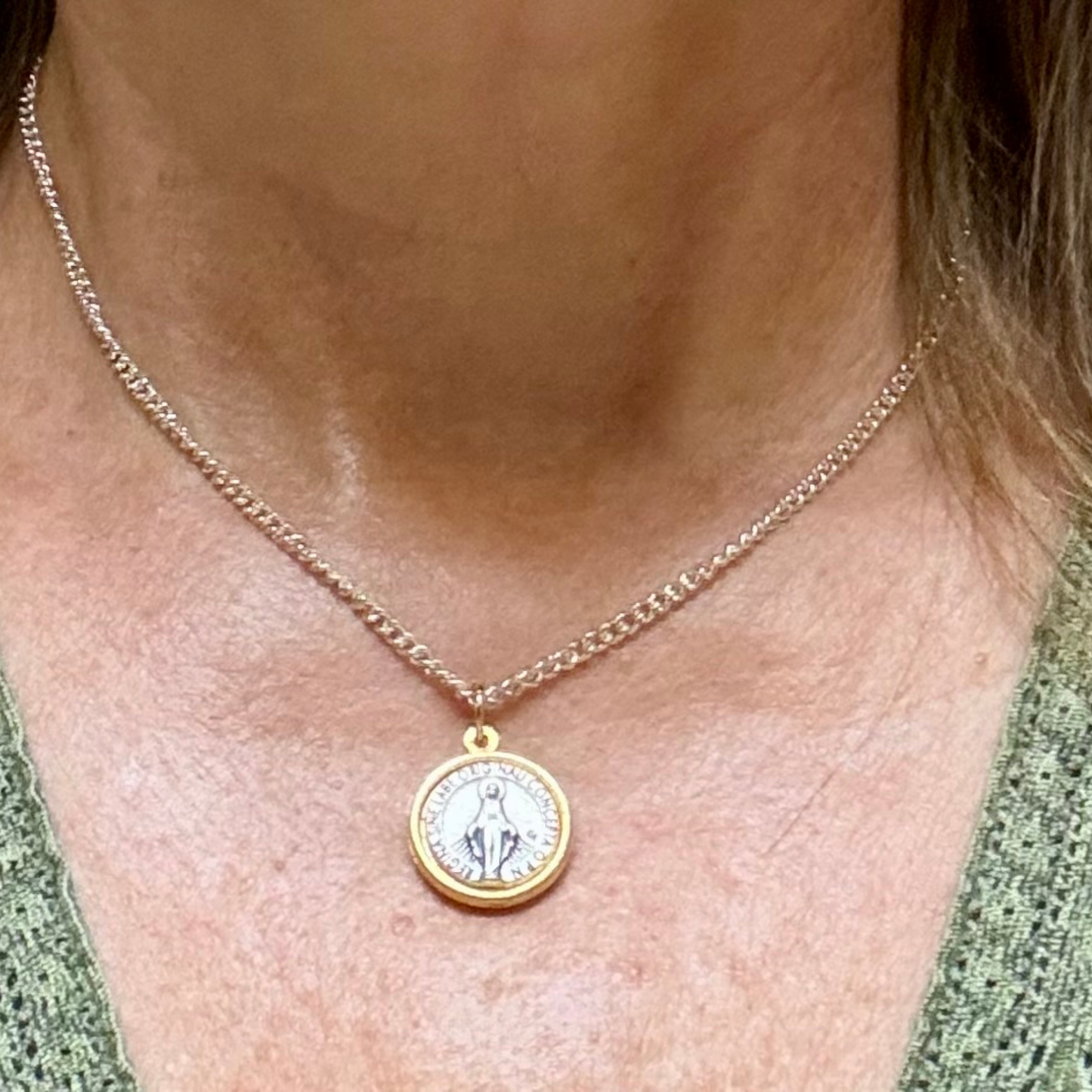 Miraculous Medal Necklace. Minimalist, Two-Toned Dainty Religious Pendant Made in Italy. Keepsake gift for confirmation, baptism, prayer.