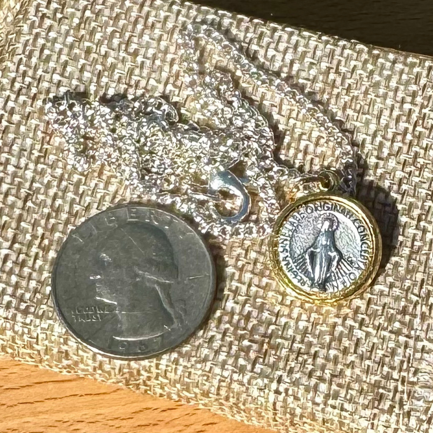 Miraculous Medal Necklace. Minimalist, Two-Toned Dainty Religious Pendant Made in Italy. Keepsake gift for confirmation, baptism, prayer.