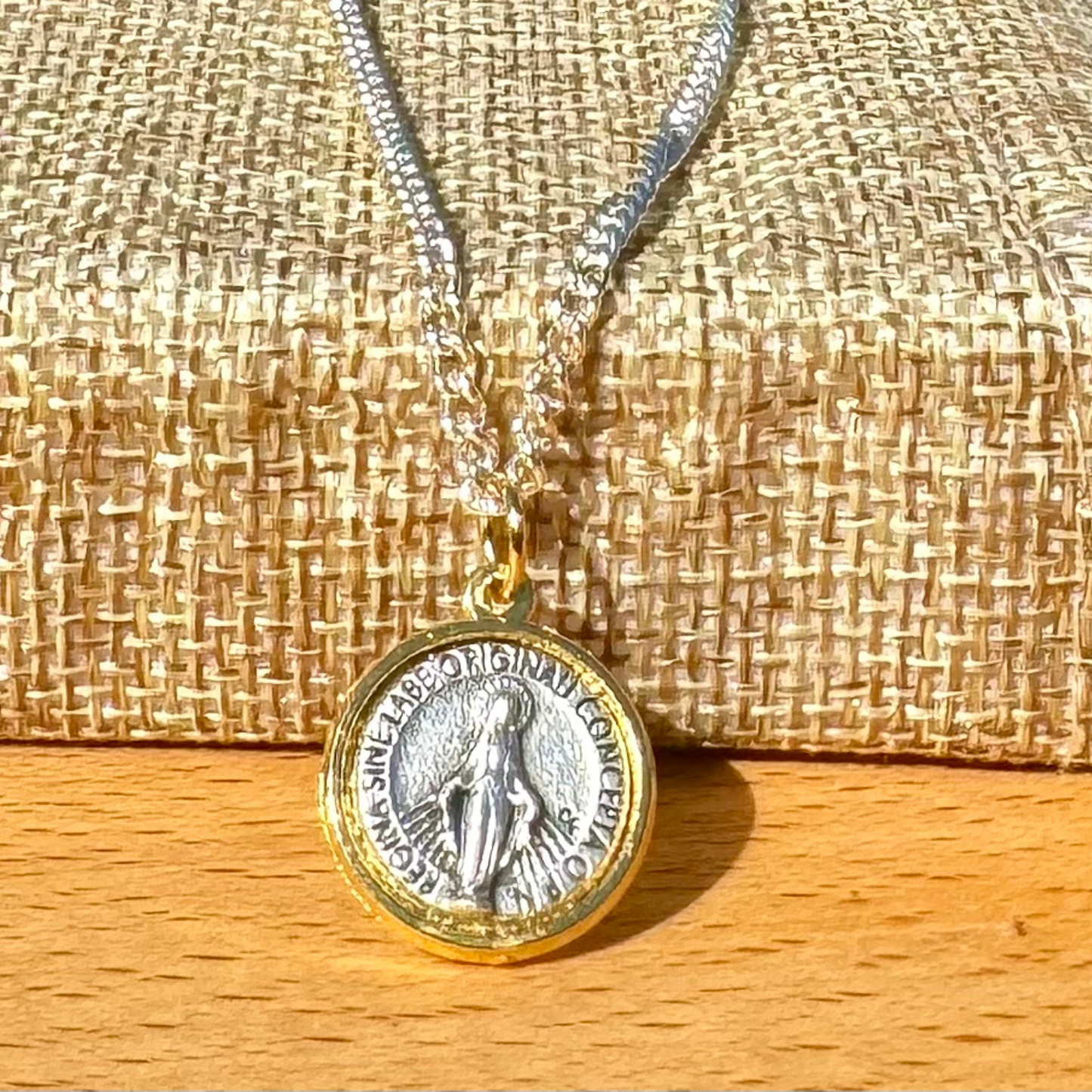 Miraculous Medal Necklace. Minimalist, Two-Toned Dainty Religious Pendant Made in Italy. Keepsake gift for confirmation, baptism, prayer.