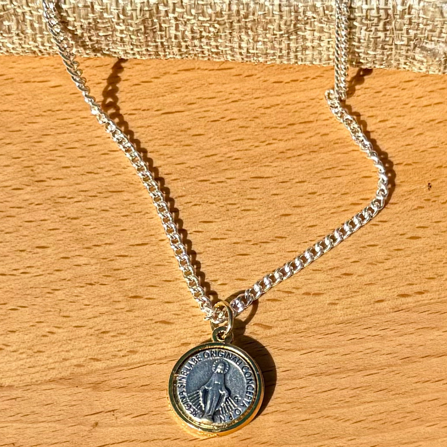 Miraculous Medal Necklace. Minimalist, Two-Toned Dainty Religious Pendant Made in Italy. Keepsake gift for confirmation, baptism, prayer.