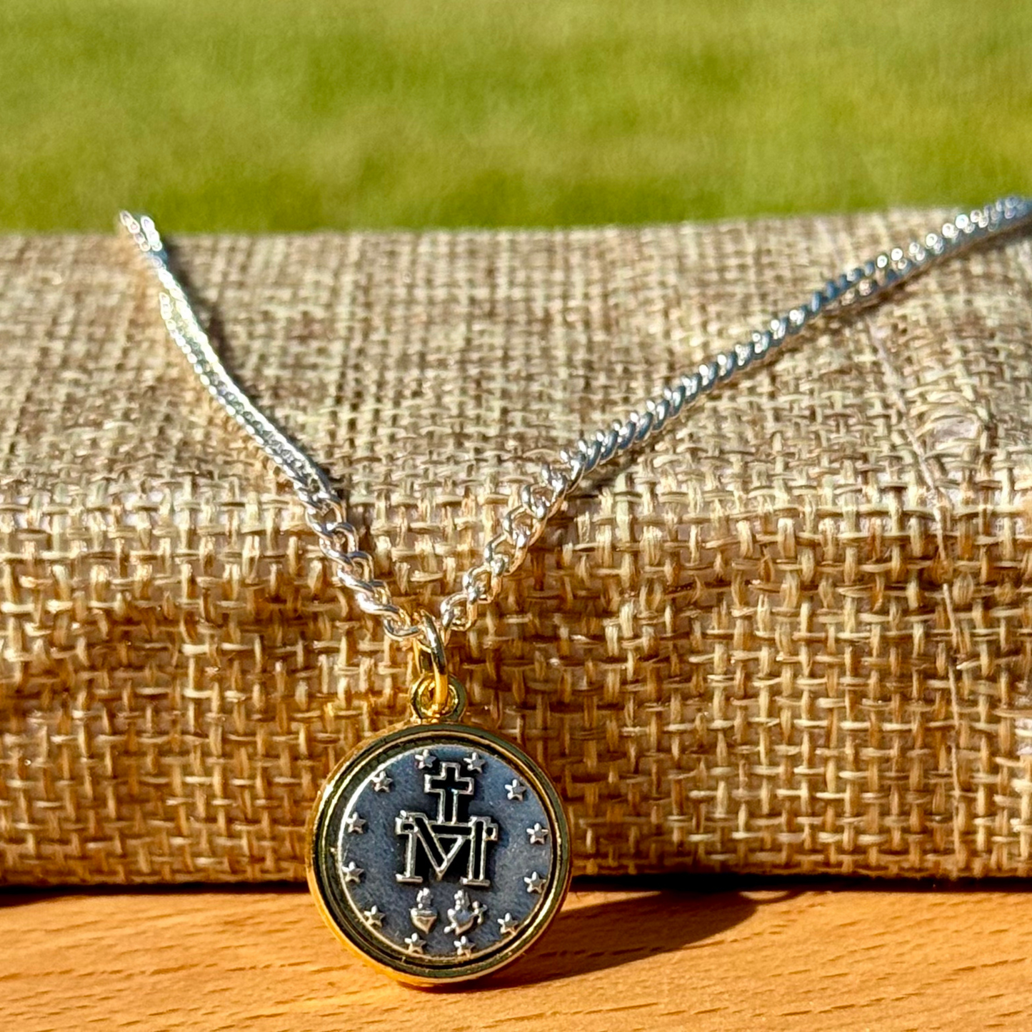 Miraculous Medal Necklace. Minimalist, Two-Toned Dainty Religious Pendant Made in Italy. Keepsake gift for confirmation, baptism, prayer.