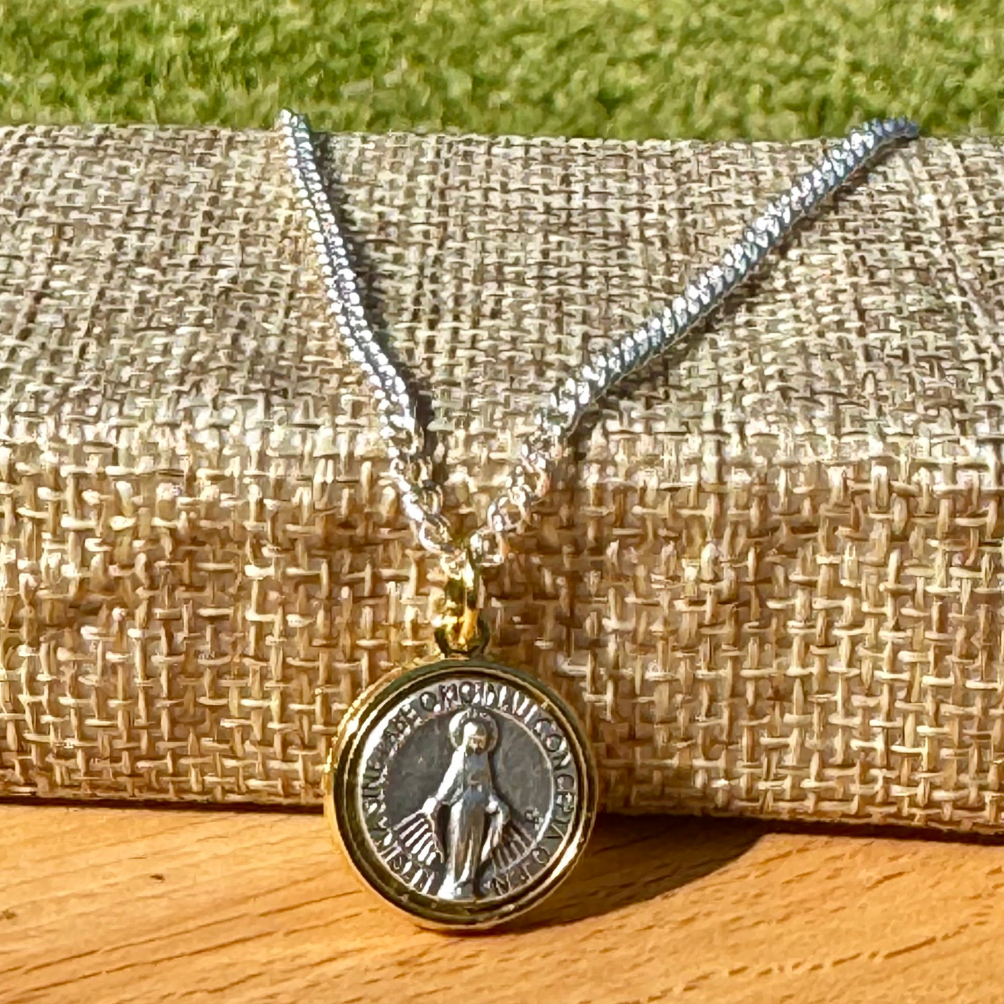 Miraculous Medal Necklace. Minimalist, Two-Toned Dainty Religious Pendant Made in Italy. Keepsake gift for confirmation, baptism, prayer.