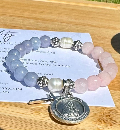 Handmade fertility prayer bracelet. Stretch bracelet in rose quartz, dyed blue quartz & freshwater pearls with St. Gerard / gift / pregnancy