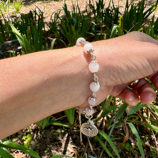 Fertility prayer bracelet, handmade with rose quartz beads with Saint Gerard medal, crucifix and freshwater pearl drop. Patron Saint.