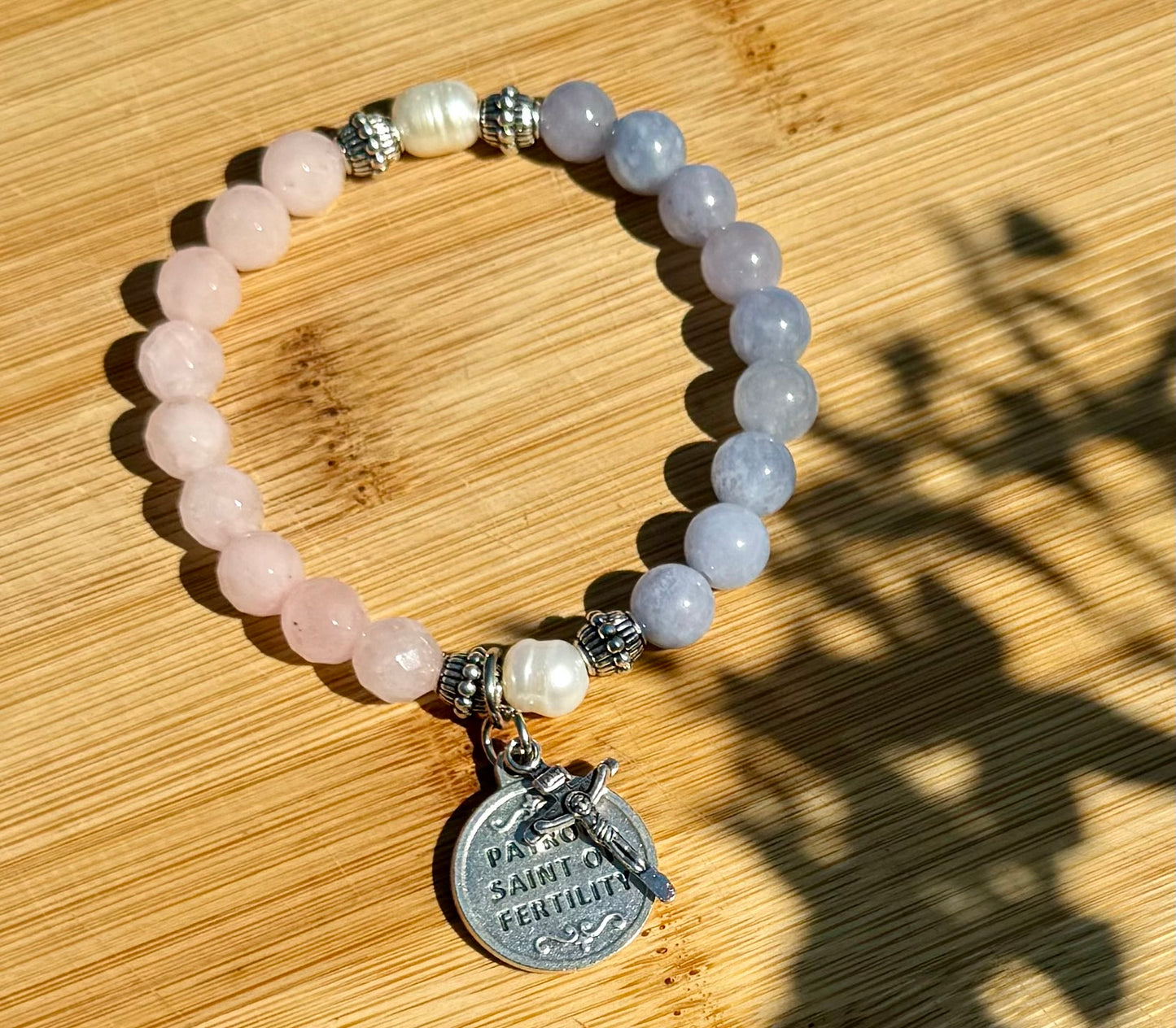 Handmade fertility prayer bracelet. Stretch bracelet in rose quartz, dyed blue quartz & freshwater pearls with St. Gerard / gift / pregnancy