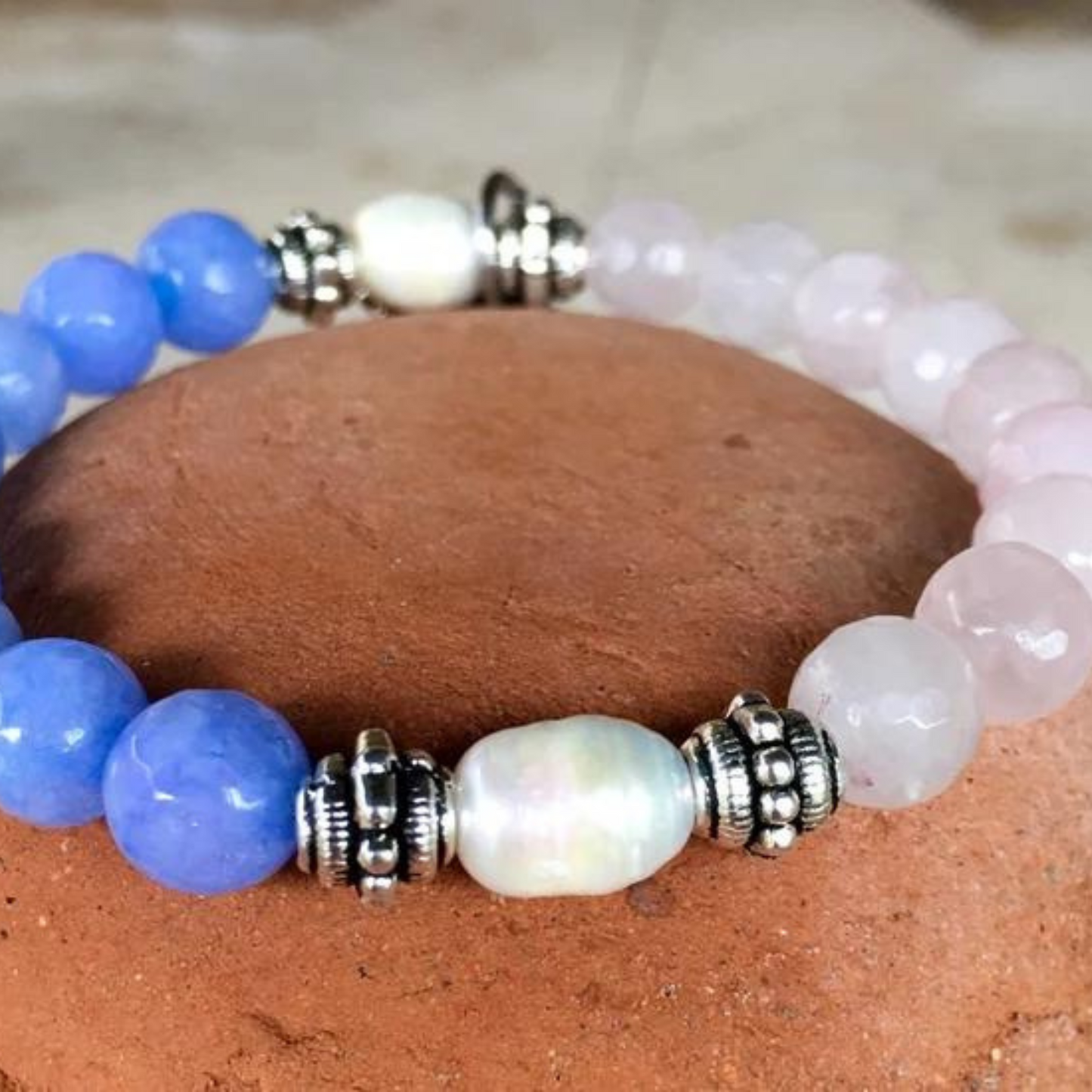 Handmade fertility prayer bracelet. Stretch bracelet in rose quartz, dyed blue quartz & freshwater pearls with St. Gerard / gift / pregnancy