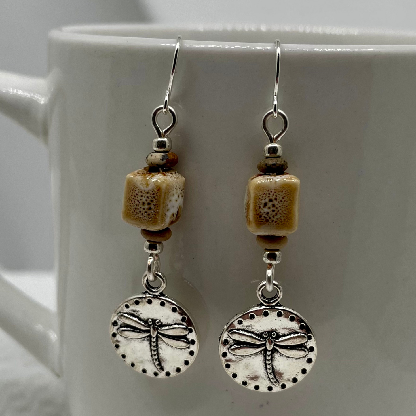 Golden Earth Earrings: Ceramic and Wood beads with Dragonfly Charm