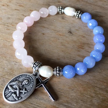 Handmade fertility prayer bracelet. Stretch bracelet in rose quartz, dyed blue quartz & freshwater pearls with St. Gerard / gift / pregnancy