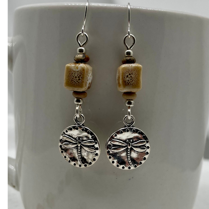 Golden Earth Earrings: Ceramic and Wood beads with Dragonfly Charm