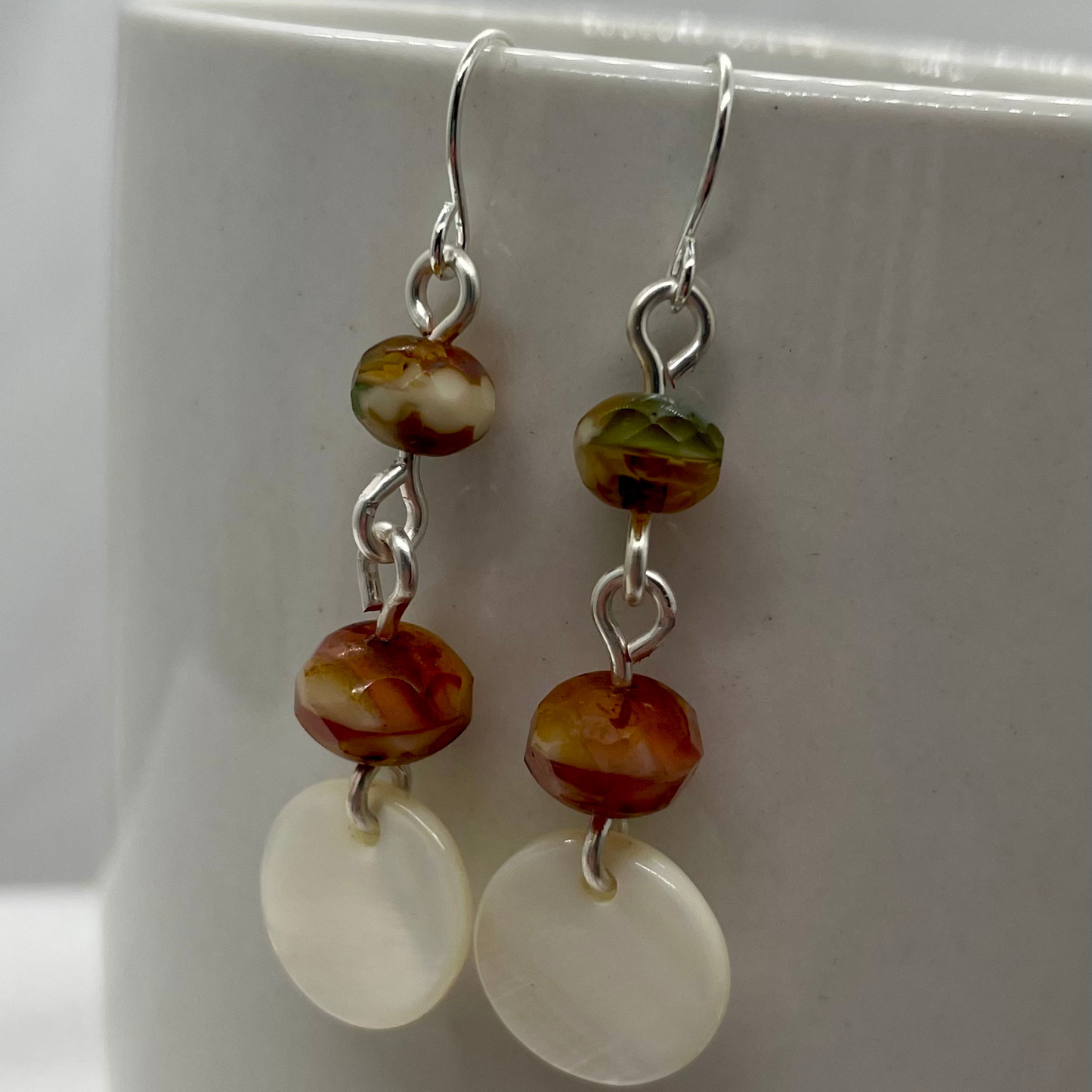 Boho Harmony: Czech fire-polished Picasso Beads and Mother of Pearl Drop Earrings | gift idea | summer fun | one of a kind | artisan crafted