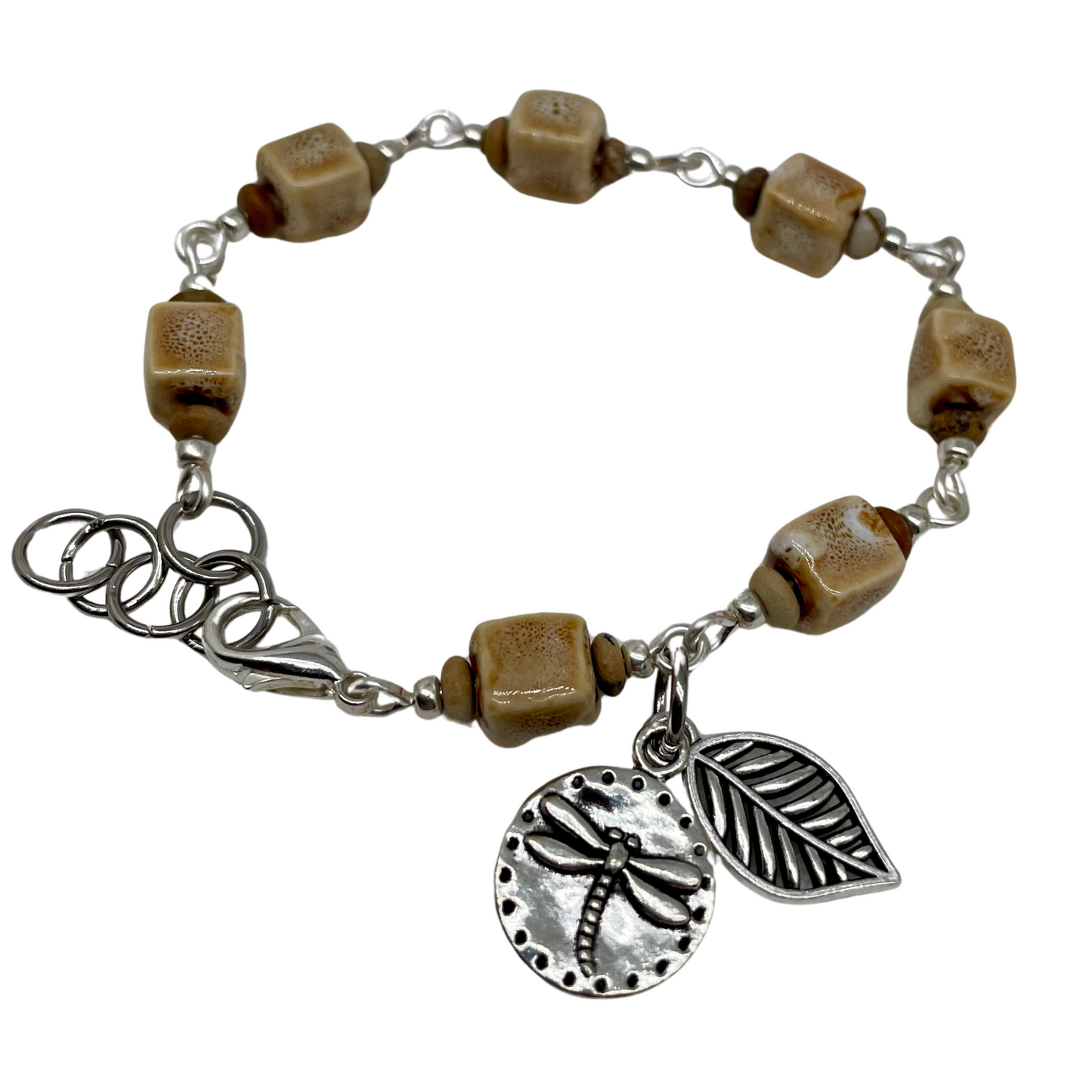 Golden Earth Bracelet: Citrine gemstone beads with Dragonfly and leaf charms