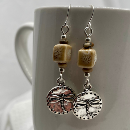 Golden Earth Earrings: Ceramic and Wood beads with Dragonfly Charm