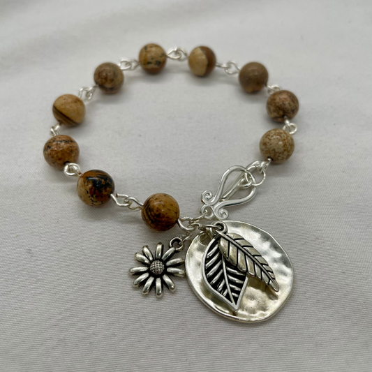 Nature's canvas bracelet: Picture jasper gemstone beads with Leaf and Flower charms | summer gift | earthy boho style