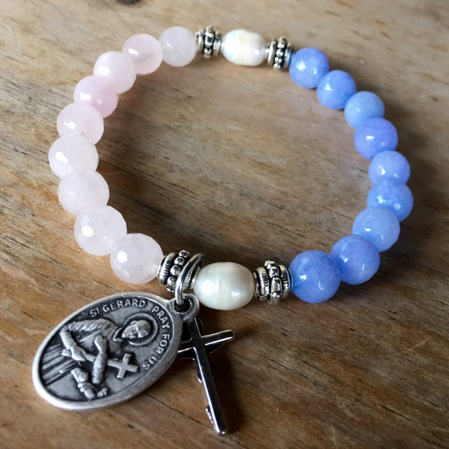 Handmade fertility prayer bracelet. Stretch bracelet in rose quartz, dyed blue quartz & freshwater pearls with St. Gerard / gift / pregnancy