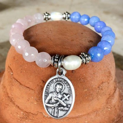 Handmade fertility prayer bracelet. Stretch bracelet in rose quartz, dyed blue quartz & freshwater pearls with St. Gerard / gift / pregnancy