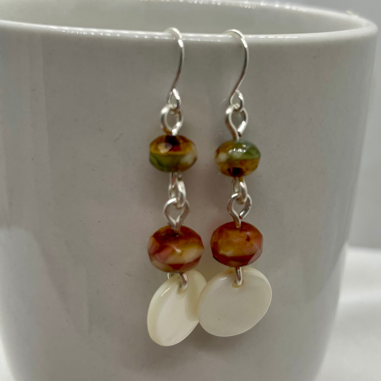 Boho Harmony: Czech fire-polished Picasso Beads and Mother of Pearl Drop Earrings | gift idea | summer fun | one of a kind | artisan crafted
