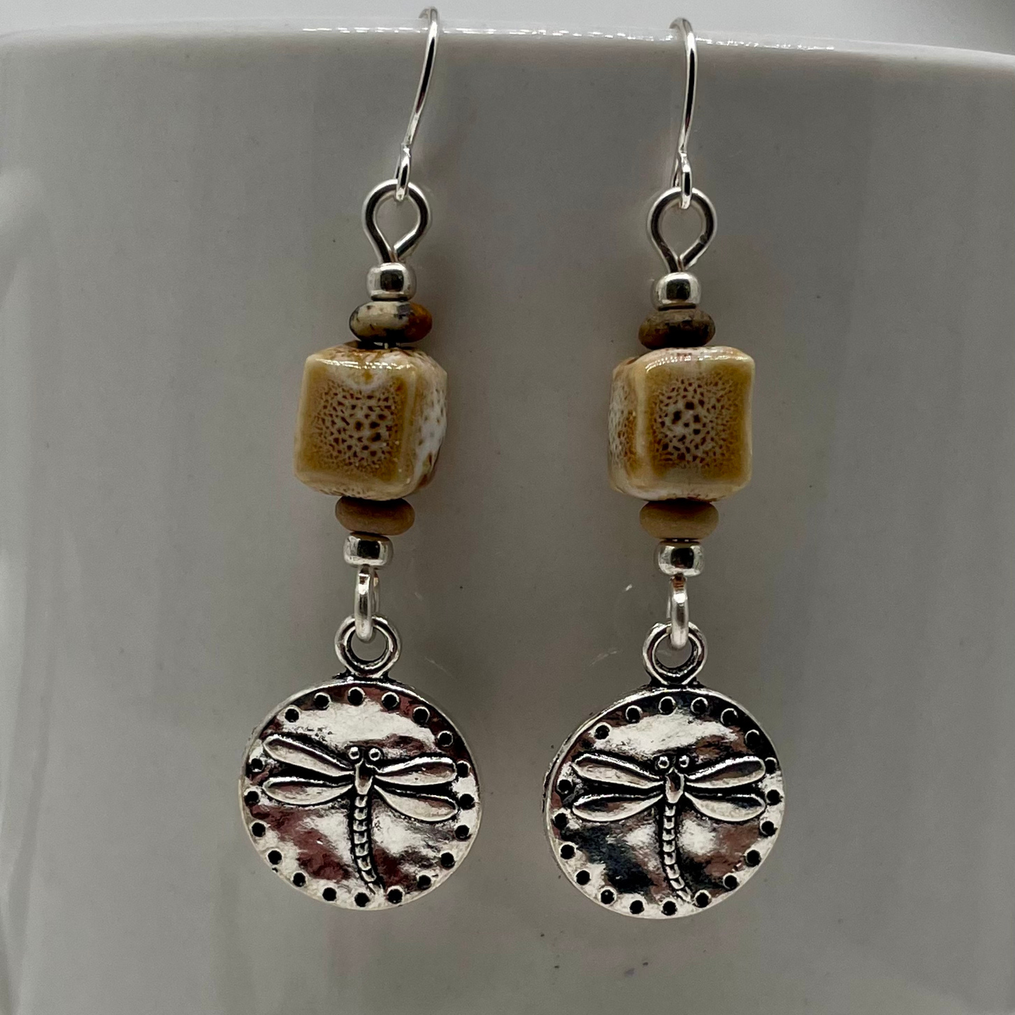 Golden Earth Earrings: Ceramic and Wood beads with Dragonfly Charm