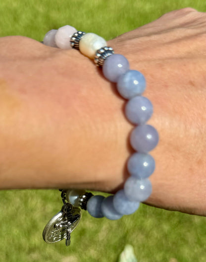 Handmade fertility prayer bracelet. Stretch bracelet in rose quartz, dyed blue quartz & freshwater pearls with St. Gerard / gift / pregnancy