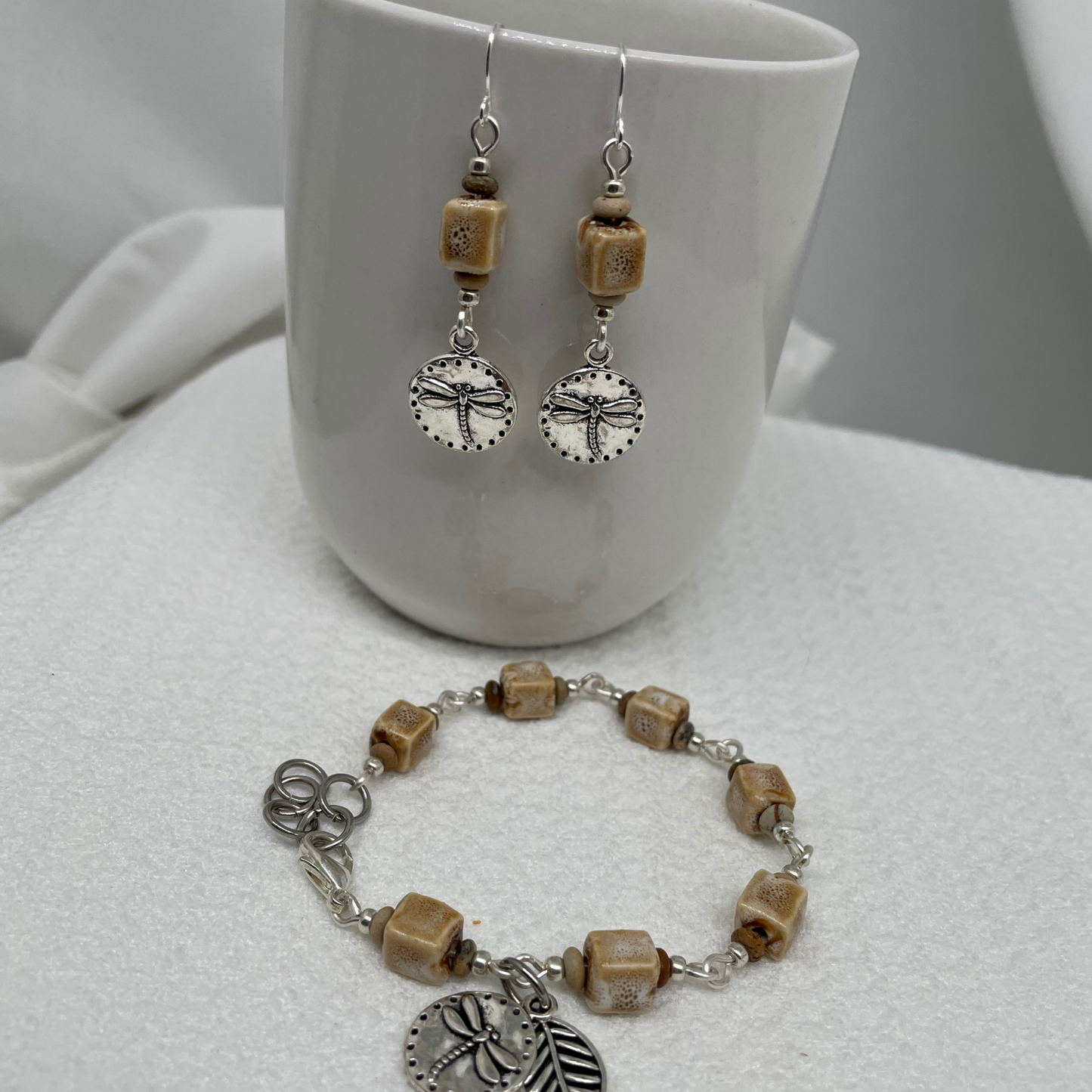 Golden Earth Earrings: Ceramic and Wood beads with Dragonfly Charm