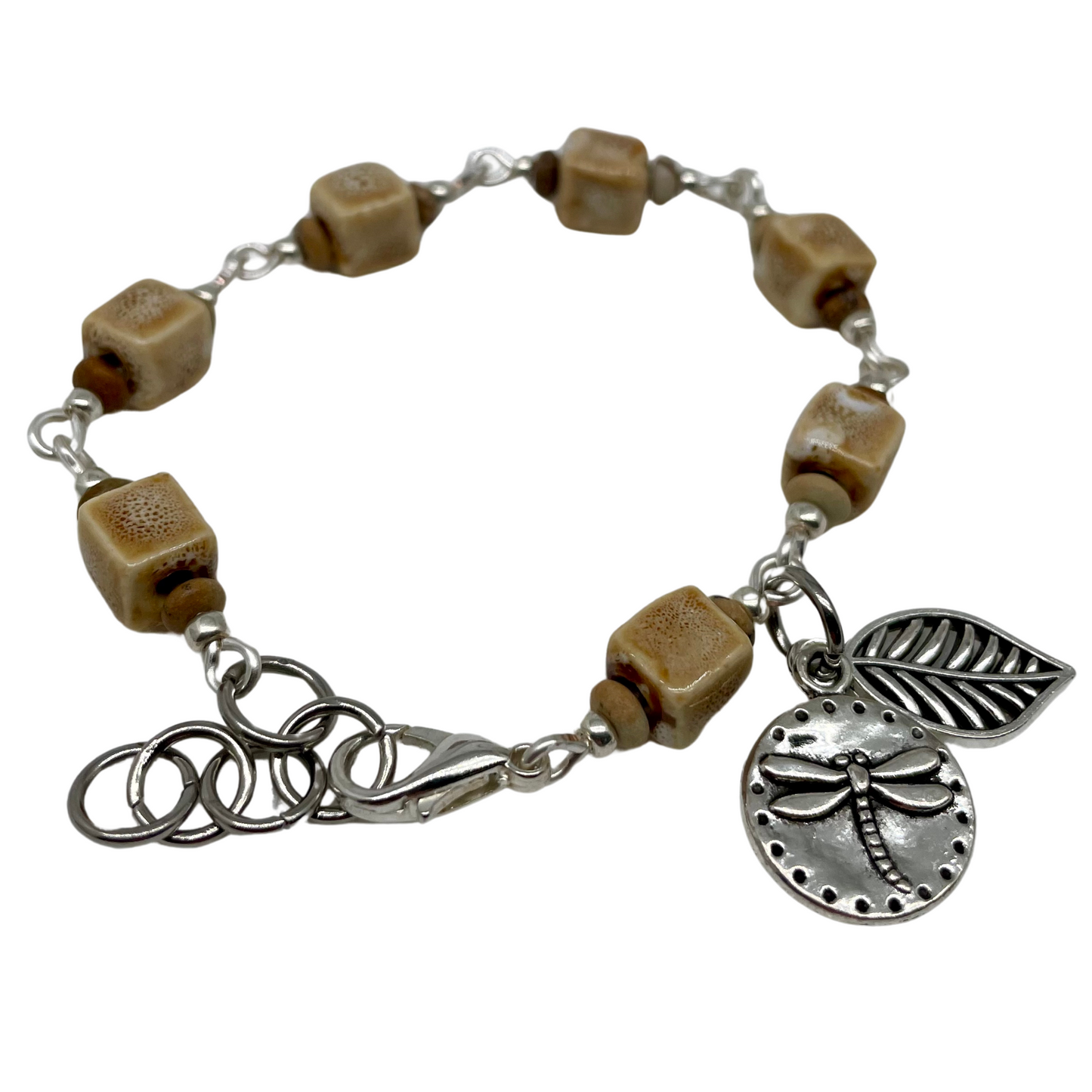 Golden Earth Bracelet: Citrine gemstone beads with Dragonfly and leaf charms