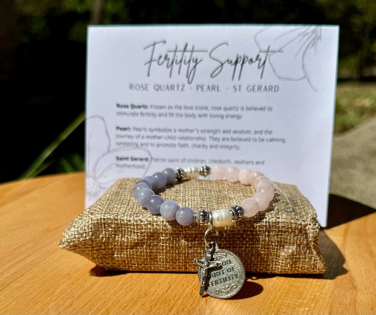 Handmade fertility prayer bracelet. Stretch bracelet in rose quartz, dyed blue quartz & freshwater pearls with St. Gerard / gift / pregnancy