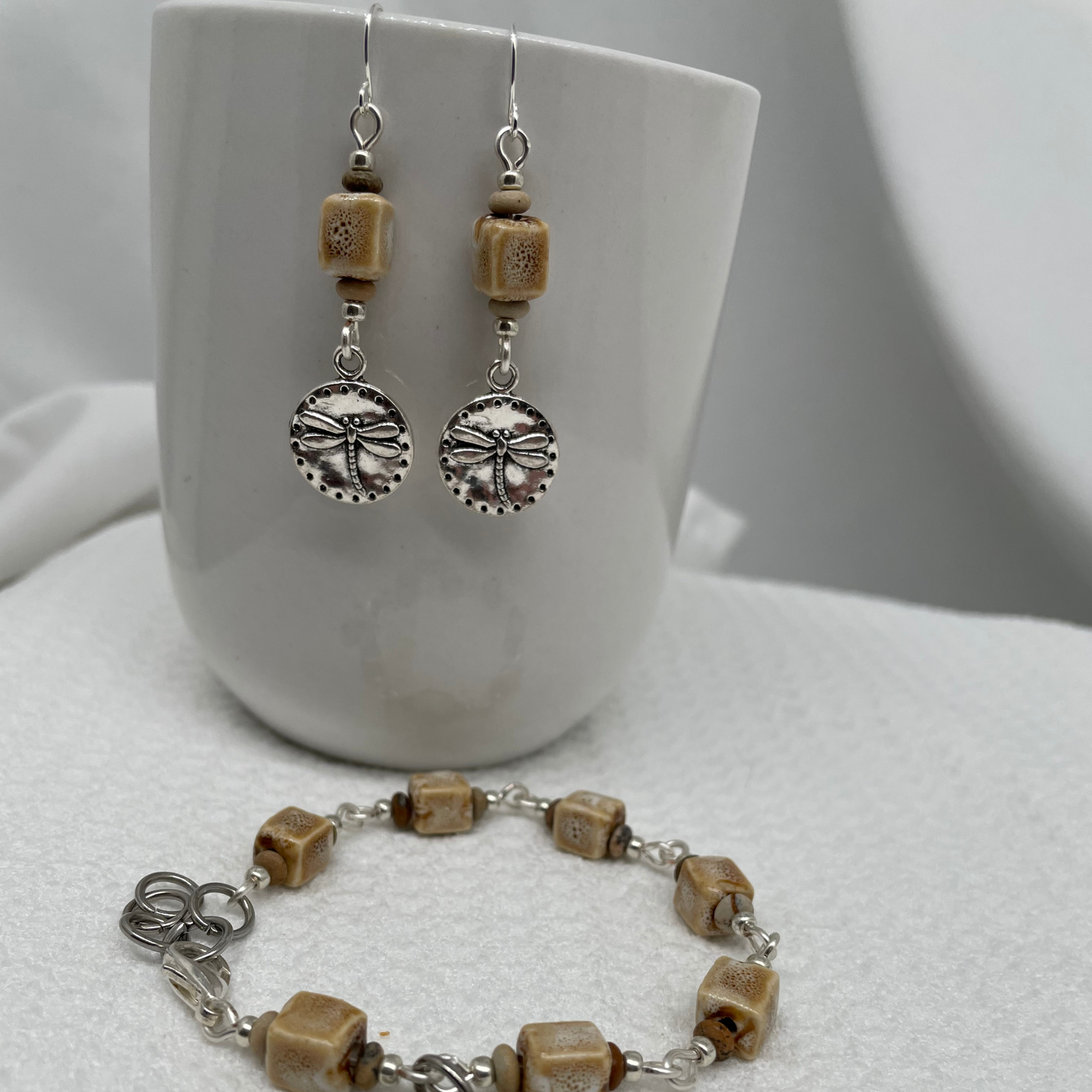 Golden Earth Earrings: Ceramic and Wood beads with Dragonfly Charm