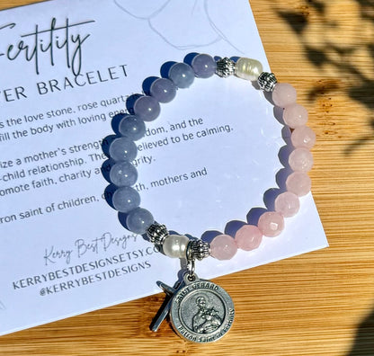 Handmade fertility prayer bracelet. Stretch bracelet in rose quartz, dyed blue quartz & freshwater pearls with St. Gerard / gift / pregnancy