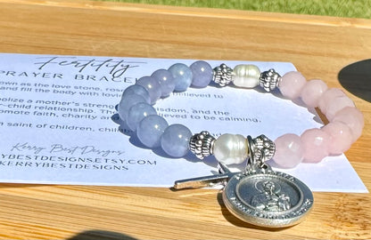 Handmade fertility prayer bracelet. Stretch bracelet in rose quartz, dyed blue quartz & freshwater pearls with St. Gerard / gift / pregnancy