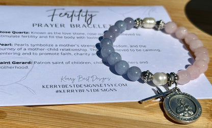 Handmade fertility prayer bracelet. Stretch bracelet in rose quartz, dyed blue quartz & freshwater pearls with St. Gerard / gift / pregnancy