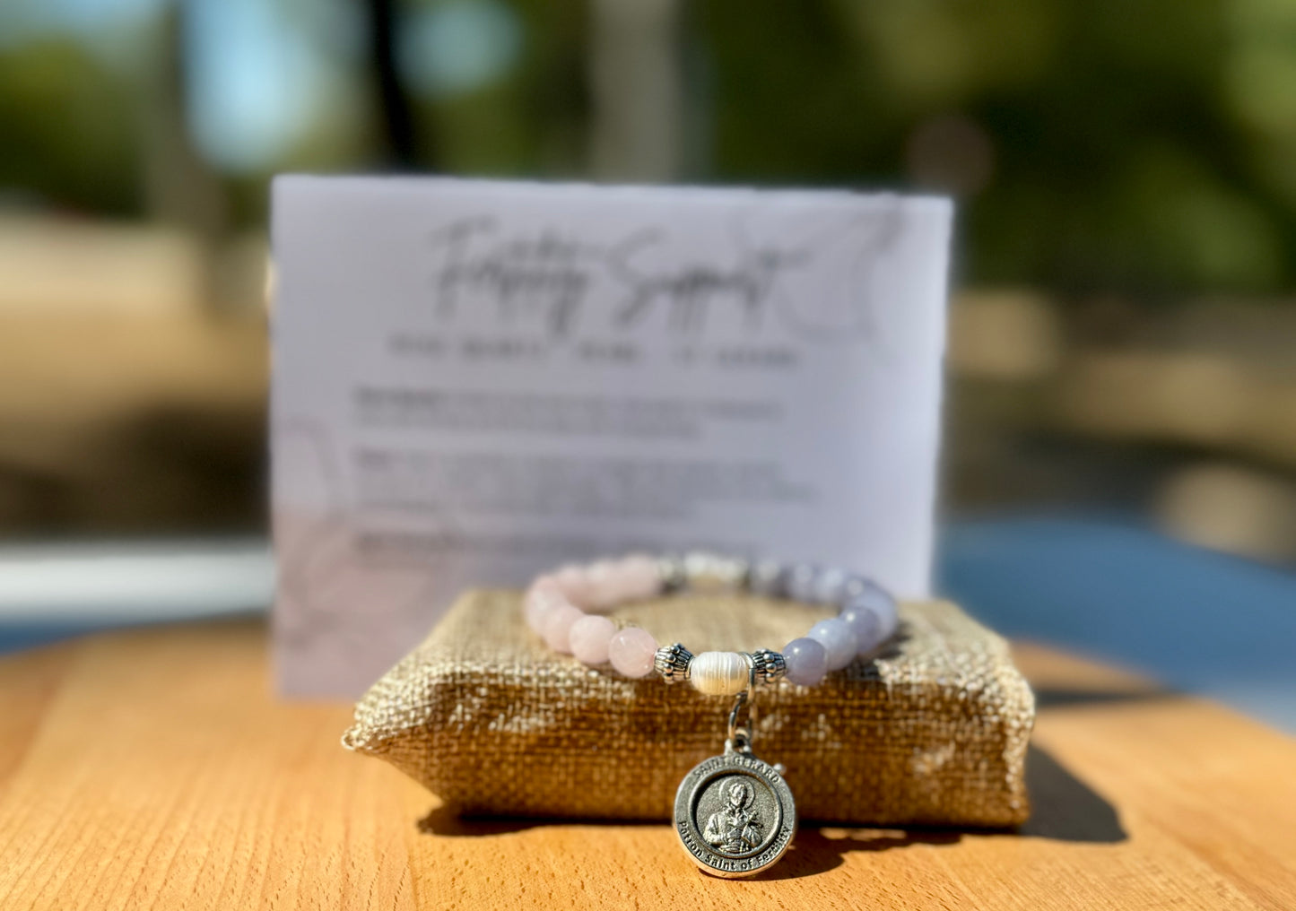 Handmade fertility prayer bracelet. Stretch bracelet in rose quartz, dyed blue quartz & freshwater pearls with St. Gerard / gift / pregnancy