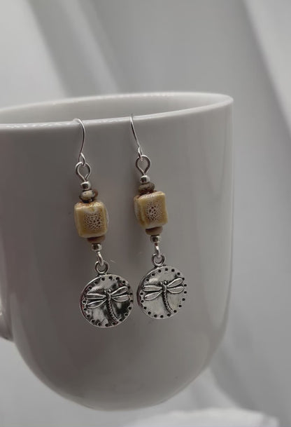 Golden Earth Earrings: Ceramic and Wood beads with Dragonfly Charm