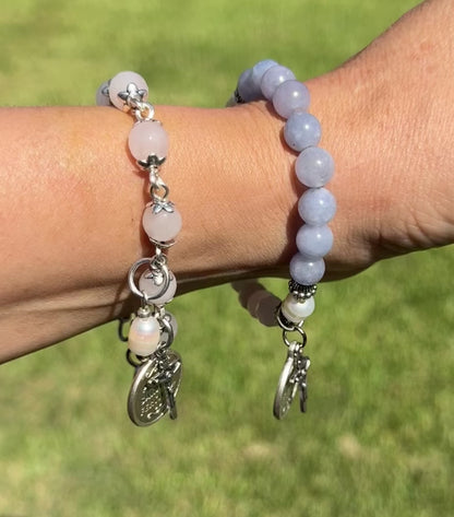 Handmade fertility prayer bracelet. Stretch bracelet in rose quartz, dyed blue quartz & freshwater pearls with St. Gerard / gift / pregnancy